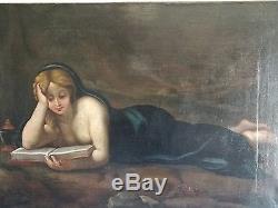 Ancien beau tableau, HST, femme à la lecture, école Française époque XVIIIe siècle