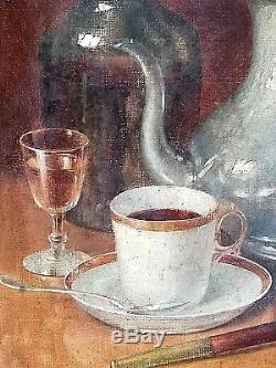 Ancien beau tableau Nature morte café pipe et tabac signé M. Merlin XIXème