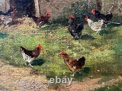 Ancien beau tableau Normand Campagne paysage basse-cour poules coq MORIZOT 19e