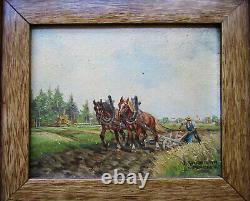 Ancien beau tableau miniature signé Karl Rohrhirsch cheval chevaux de labour