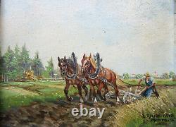 Ancien beau tableau miniature signé Karl Rohrhirsch cheval chevaux de labour