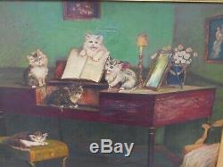 Ancien étonnant grand tableau huile sur toile, chatons autour et sur un piano
