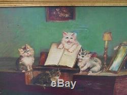 Ancien étonnant grand tableau huile sur toile, chatons autour et sur un piano