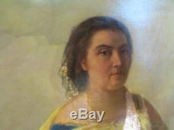 Ancien grand tableau 19 eme portrait de femme cadre huile sur toile signé