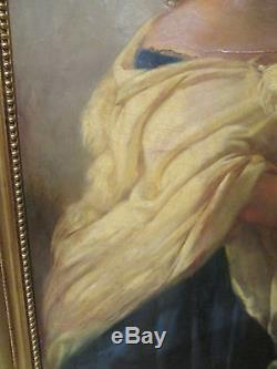 Ancien grand tableau 19 eme portrait de femme cadre huile sur toile signé