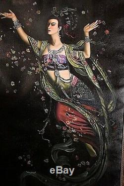 Ancien grand tableau HT femme aux fleurs divinité Asie chimère signé XXe
