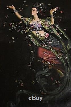 Ancien grand tableau HT femme aux fleurs divinité Asie chimère signé XXe