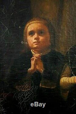 Ancien grand tableau enfants piété signé François troubadour début XIXème Rare
