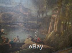 Ancien grand tableau huile 18 eme italien scene romantique paysage ruines