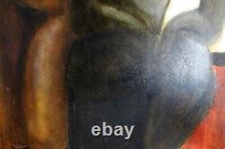 Ancien grand tableau huile abstrait art brut couple nu monogramme CG