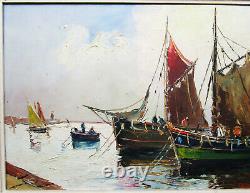 Ancien grand tableau signé Régis Bérard, marine, bateaux de pêche pêcheurs Lyon