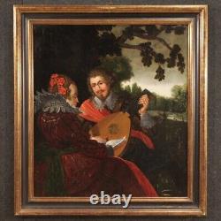 Ancien huile sur panneau flamand paysage scène galante tableau peinture 600
