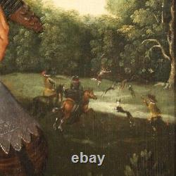 Ancien huile sur panneau flamand paysage scène galante tableau peinture 600
