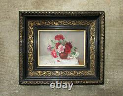 Ancien magnifique tableau XIXe signé, bouquet de fleurs, oeillets, Napoléon III