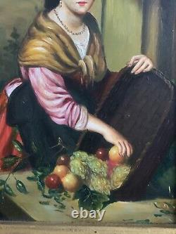 Ancien petit tableau cadre miniature la dame aux fruits