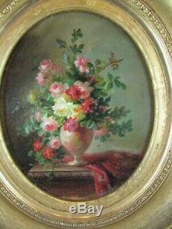 Ancien petit tableau huile /p bouquet de fleur XIXe superbe cadre doré signé poy