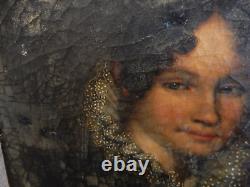 Ancien portrait de dame tableau femme peinture huile sur toile 18èm 54CM X 46CM
