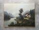 Ancien superbe tableau XIXe, paysage Ecole de Barbizon pêcheur montagne rivière