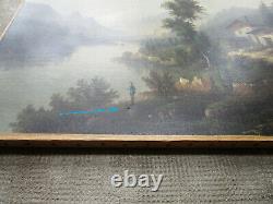 Ancien superbe tableau XIXe, paysage Ecole de Barbizon pêcheur montagne rivière