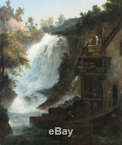 Ancien superbe tableau huile XIXe, Ecole de Barbizon, cascade, montagne, signé