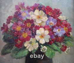Ancien superbe tableau signé Jean Verdier artiste coté bouquet fleurs primevères