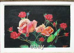 Ancien superbe tableau signé bouquet de roses fleur cadre Montparnasse vers 1950