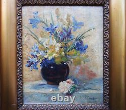 Ancien superbe tableau tableau signé Eugène Henri Cauchois bouquet fleurs iris