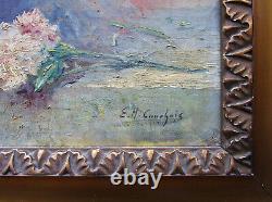 Ancien superbe tableau tableau signé Eugène Henri Cauchois bouquet fleurs iris