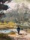 Ancien tableau 19 ème école de Barbizon paysage arboré animé promeneur cadre