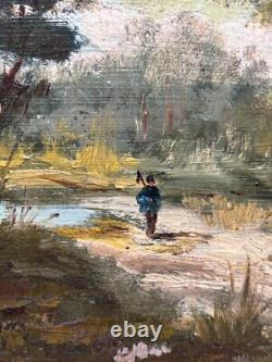Ancien tableau 19 ème école de Barbizon paysage arboré animé promeneur cadre