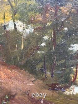Ancien tableau 19 ème école de Barbizon paysage arboré animé promeneur cadre