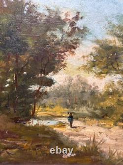 Ancien tableau 19 ème école de Barbizon paysage arboré animé promeneur cadre