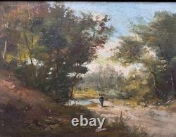 Ancien tableau 19 ème école de Barbizon paysage arboré animé promeneur cadre