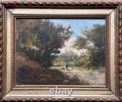 Ancien tableau 19 ème école de Barbizon paysage arboré animé promeneur cadre