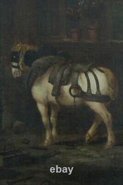 Ancien tableau Animalier Cheval Maréchal-ferrant paysage signé 19e sv Gericault