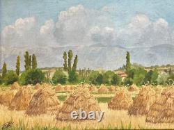 Ancien tableau, Art déco, paysage aux meubles de foin arboré été signé cadre