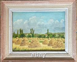 Ancien tableau, Art déco, paysage aux meubles de foin arboré été signé cadre