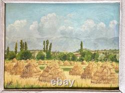 Ancien tableau, Art déco, paysage aux meubles de foin arboré été signé cadre