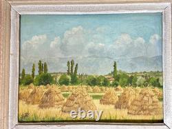 Ancien tableau, Art déco, paysage aux meubles de foin arboré été signé cadre