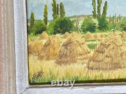 Ancien tableau, Art déco, paysage aux meubles de foin arboré été signé cadre