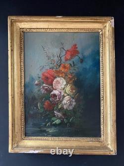 Ancien tableau BOUQUET DE FLEURS Huile sur panneau bois /Cadre 25,5 x 19,8 cm