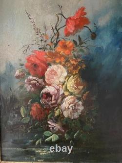 Ancien tableau BOUQUET DE FLEURS Huile sur panneau bois /Cadre 25,5 x 19,8 cm
