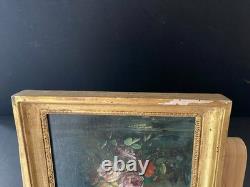 Ancien tableau BOUQUET DE FLEURS Huile sur panneau bois /Cadre 25,5 x 19,8 cm