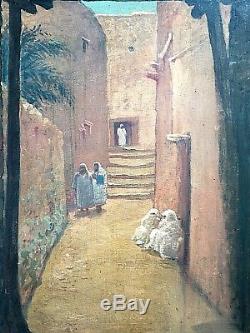 Ancien tableau HSP Scène de rue animé Orientaliste Médina Maroc 1900