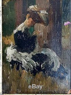 Ancien tableau HSP dame dans le pré Belle-époque Giuseppe de Nittis 1846-1884