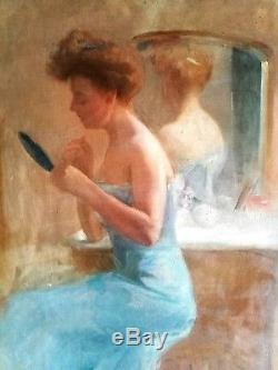 Ancien tableau, HST, Courtisane en nuisette bleue à la toilette, Belle-époque, 1900