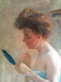 Ancien tableau, HST, Courtisane en nuisette bleue à la toilette, Belle-époque, 1900