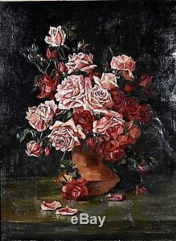 Ancien tableau HST Nature morte Roses fleurs signé Srydel école Allemande 1900