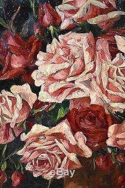 Ancien tableau HST Nature morte Roses fleurs signé Srydel école Allemande 1900