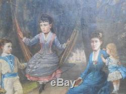 Ancien tableau HST Portraits de Famille ENFANTS JOUETS signé SANZ circa 1878